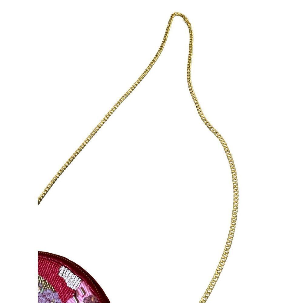 Anthropologie Womens Red Pink Monogram T Embellished Chain Strap Round Pouch - Picture 8 of 9